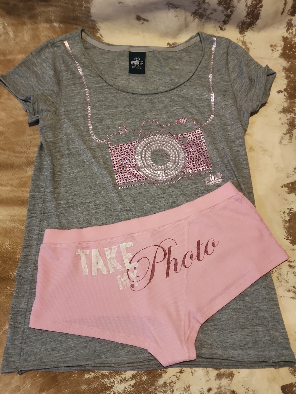 Pink VS Take My Photo Camera Tee and Thermal Boxer Breif Shorts. Top: M Short: S - Picture 1 of 4
